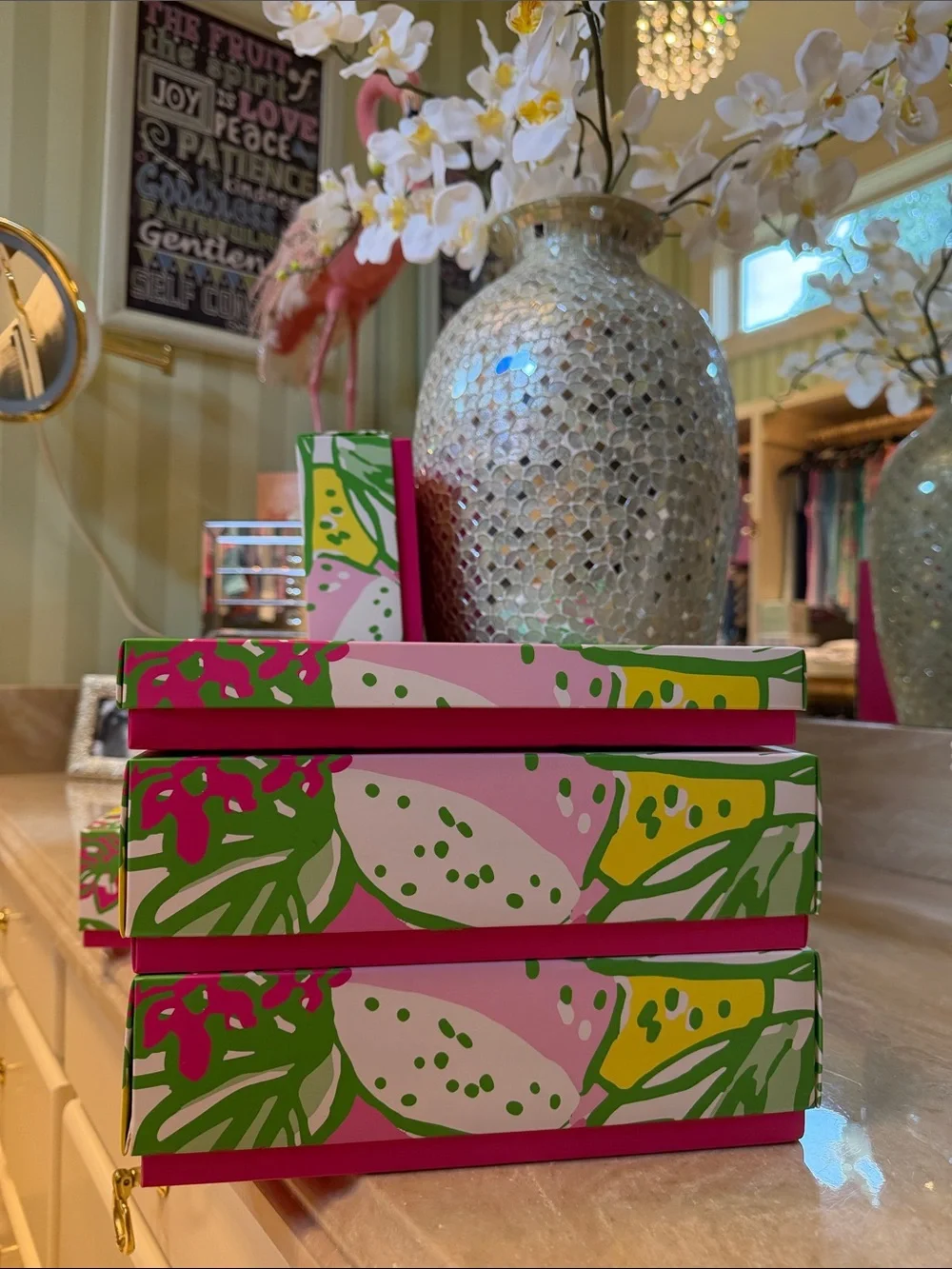 Lilly Pulitzer Set Of 5 Floral Gift Boxes In Pink, Yellow, And Green